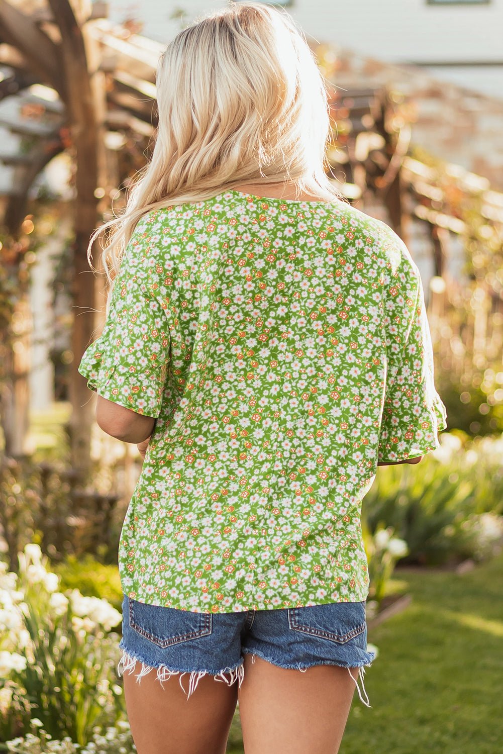 Floral Ruffle Sleeve V-Neck Blouse - Rooted & Reckless Co.