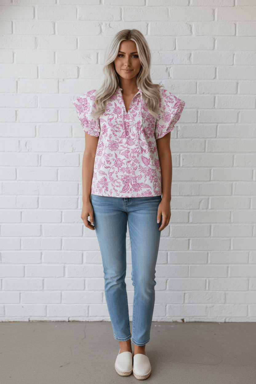 Floral Ruffle Sleeve V-Neck Blouse - Rooted & Reckless Co.