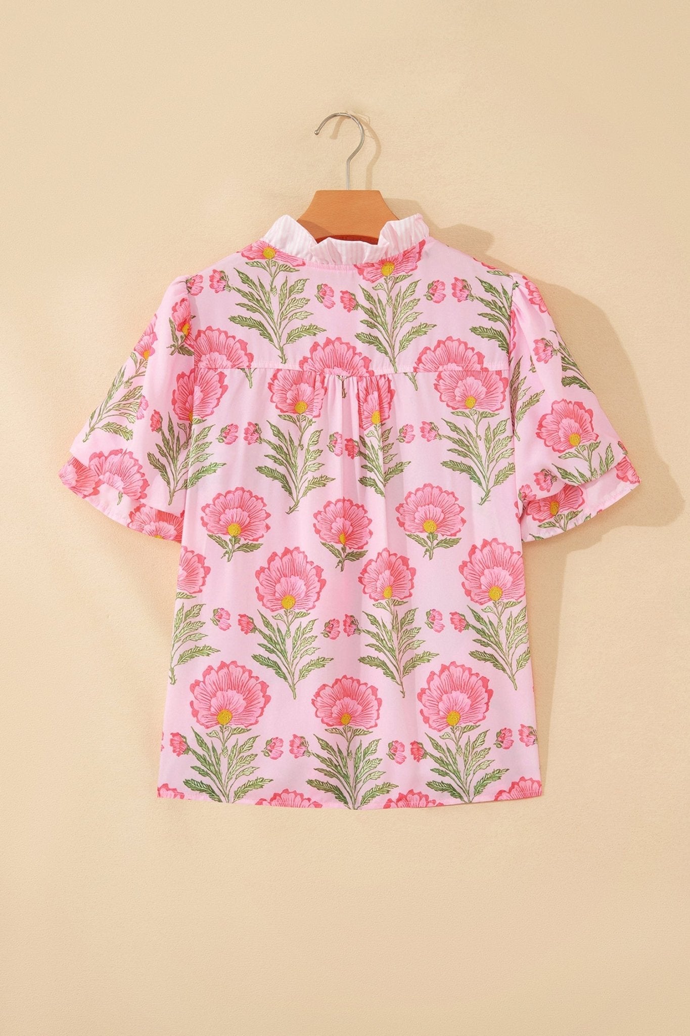 Floral Ruffle Stripe Trim Puff Sleeve Shirt - Rooted & Reckless Co.