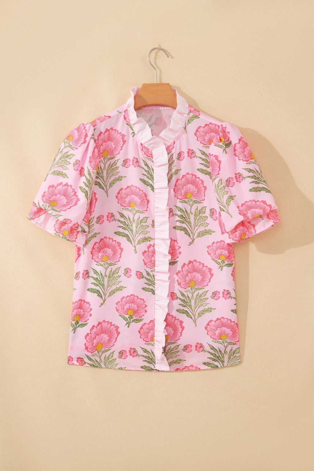 Floral Ruffle Stripe Trim Puff Sleeve Shirt - Rooted & Reckless Co.