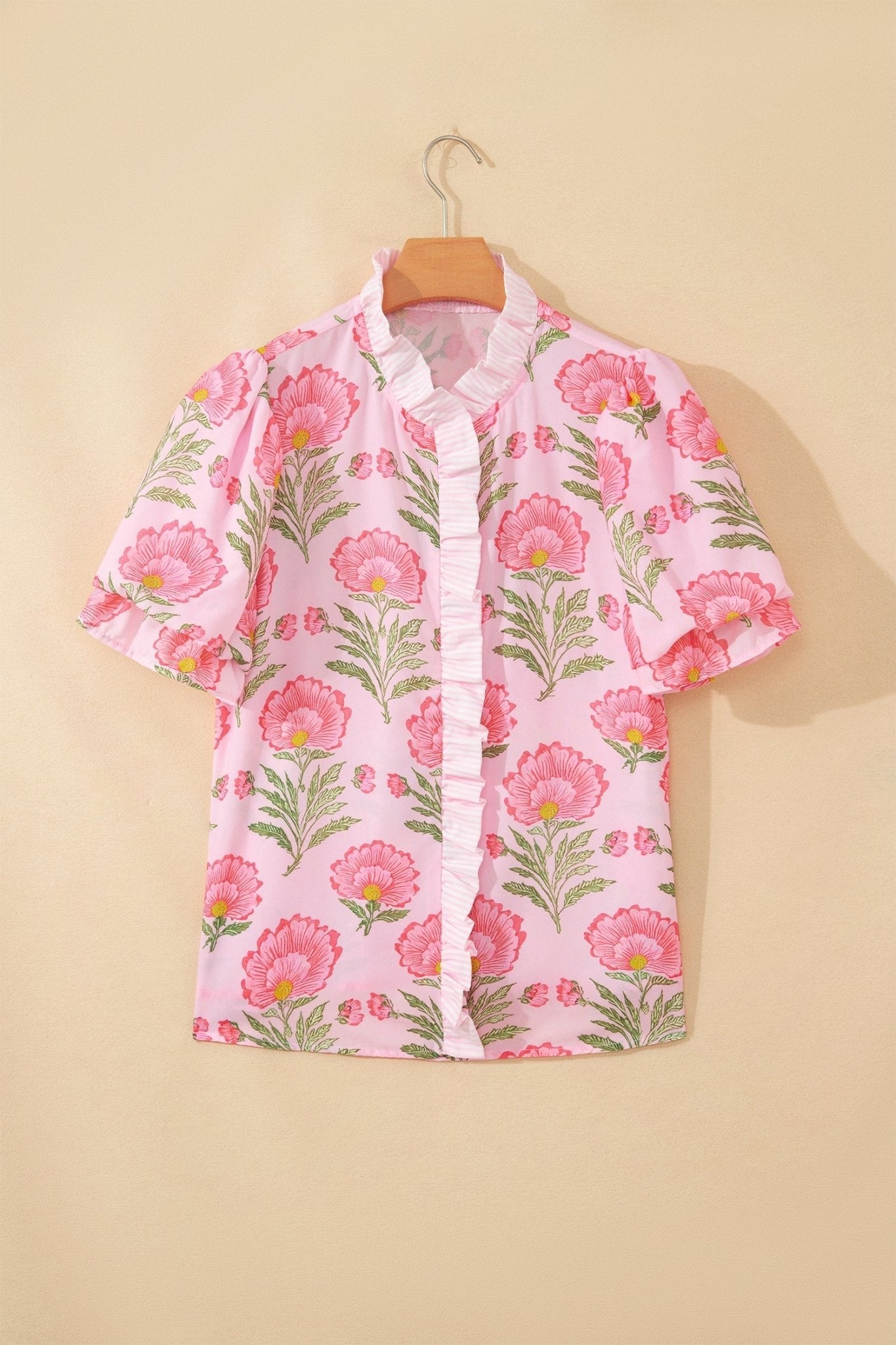 Floral Ruffle Stripe Trim Puff Sleeve Shirt - Rooted & Reckless Co.