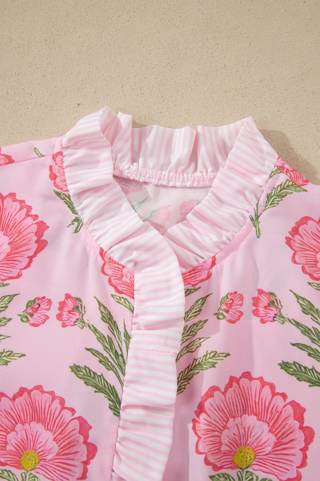 Floral Ruffle Stripe Trim Puff Sleeve Shirt - Rooted & Reckless Co.