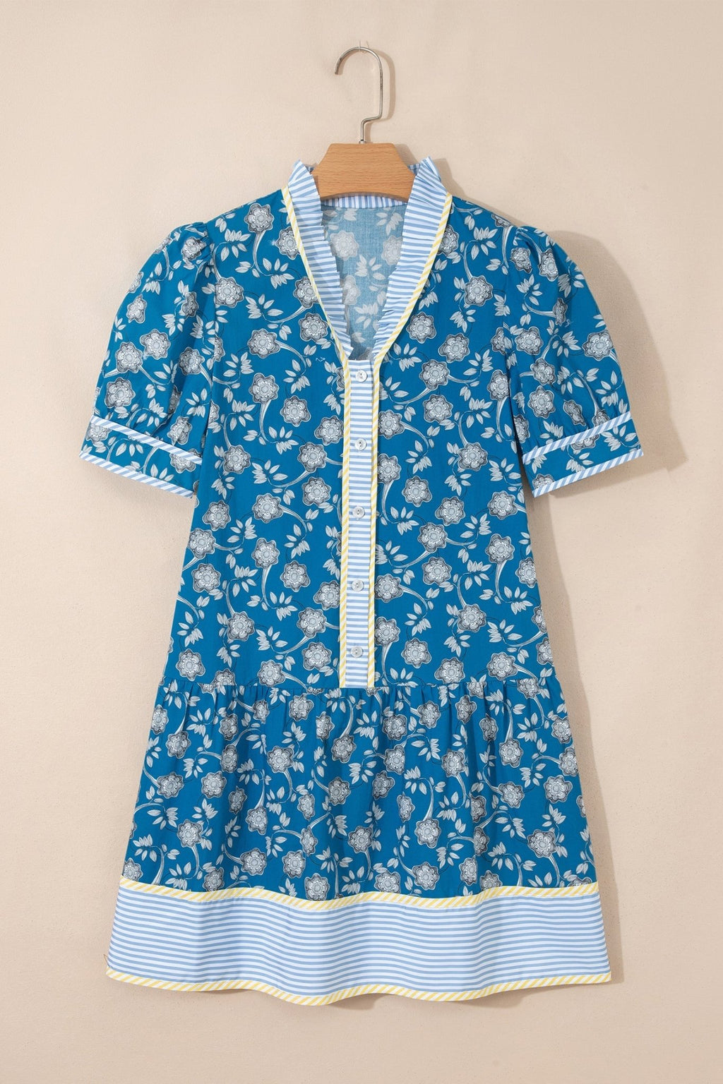 Floral Ruffle Stripe Trim Short Sleeve Buttoned Dress - Rooted & Reckless Co.