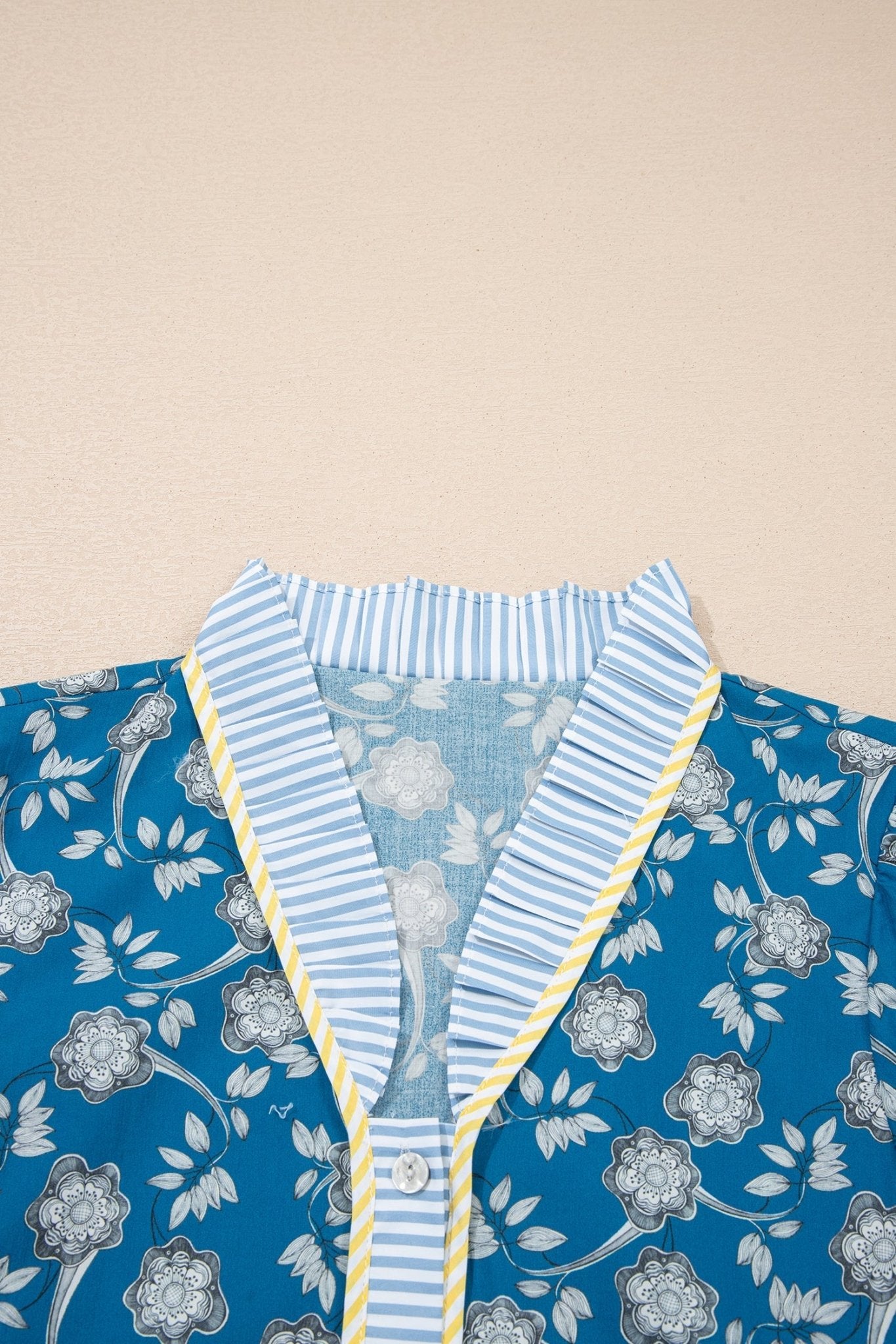 Floral Ruffle Stripe Trim Short Sleeve Buttoned Dress - Rooted & Reckless Co.