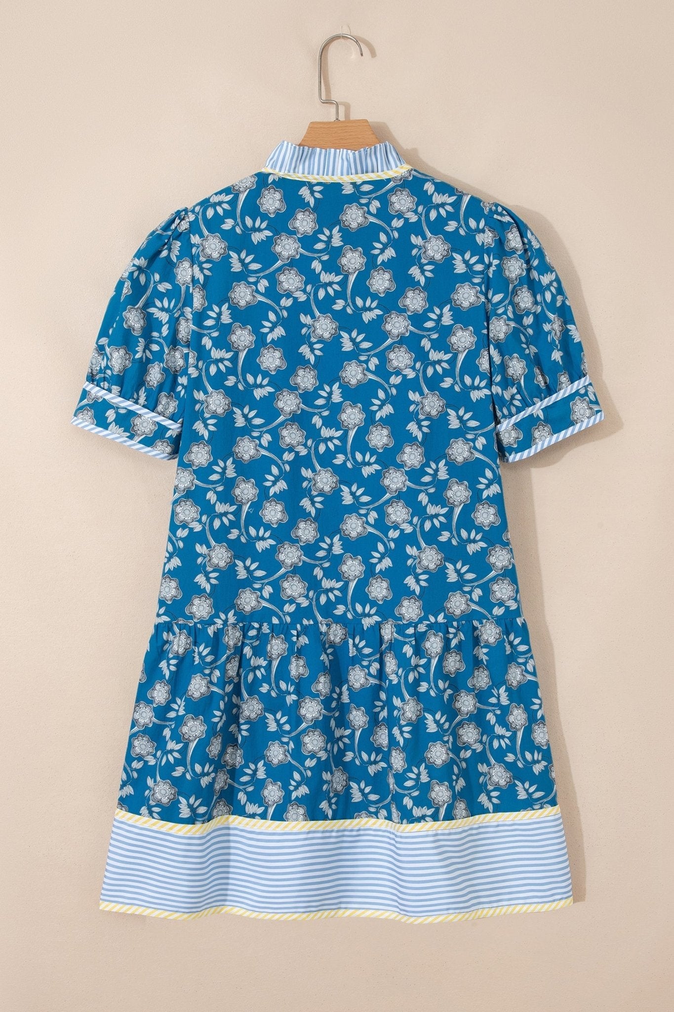 Floral Ruffle Stripe Trim Short Sleeve Buttoned Dress - Rooted & Reckless Co.