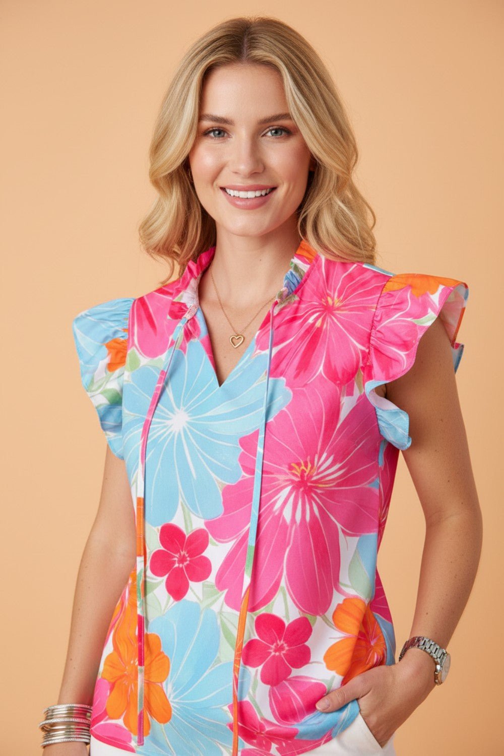 Floral Ruffle Tied V-Neck Flutter Sleeve Blouse - Rooted & Reckless Co.