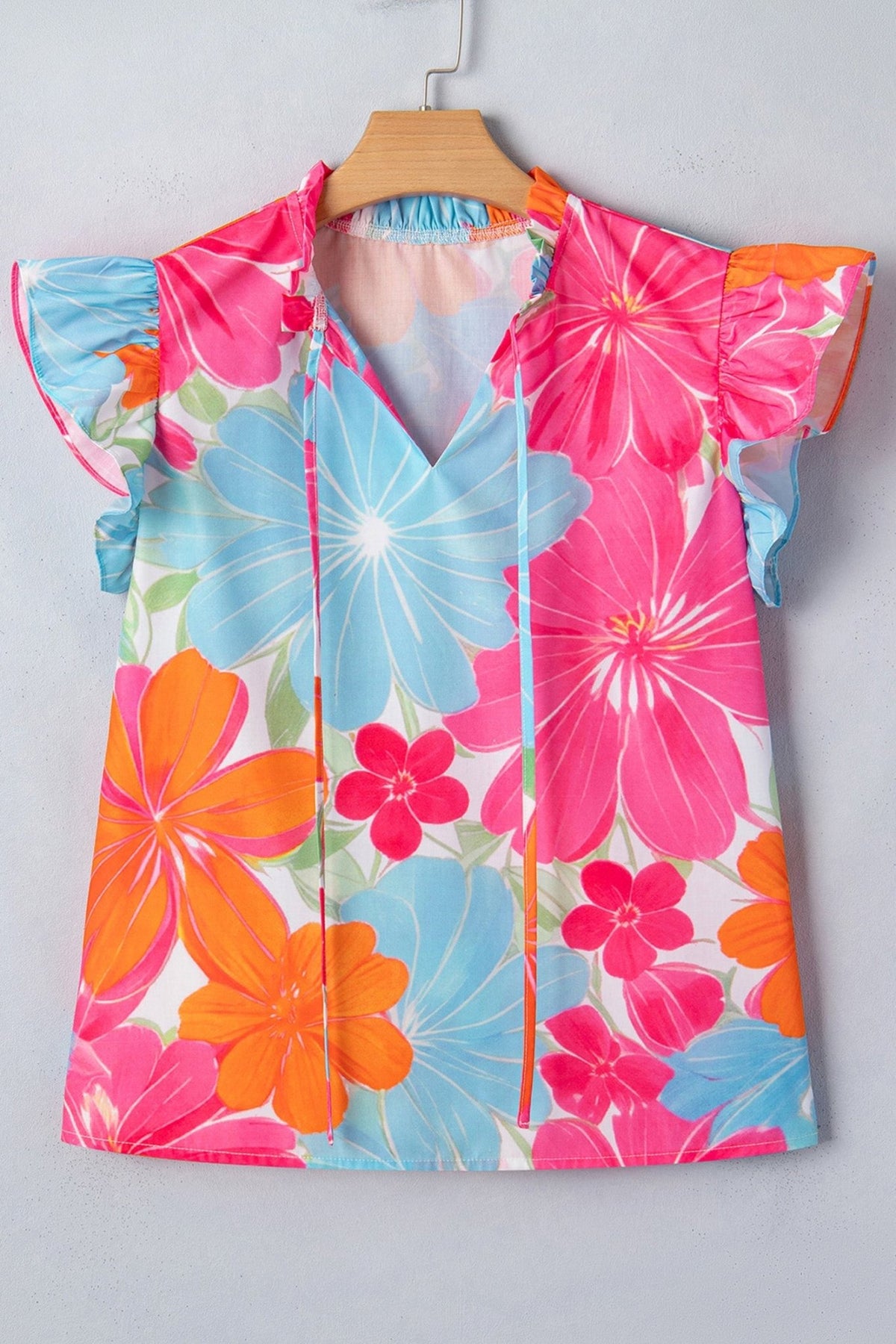 Floral Ruffle Tied V-Neck Flutter Sleeve Blouse - Rooted & Reckless Co.
