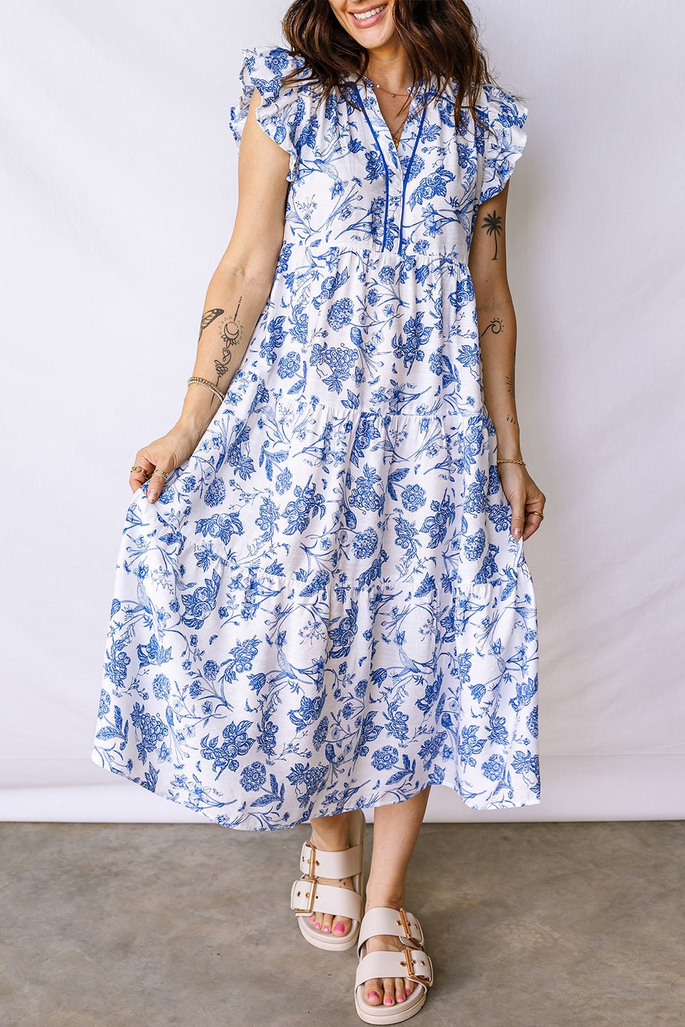 Floral Ruffle Tiered Midi Dress - Rooted & Reckless Co.