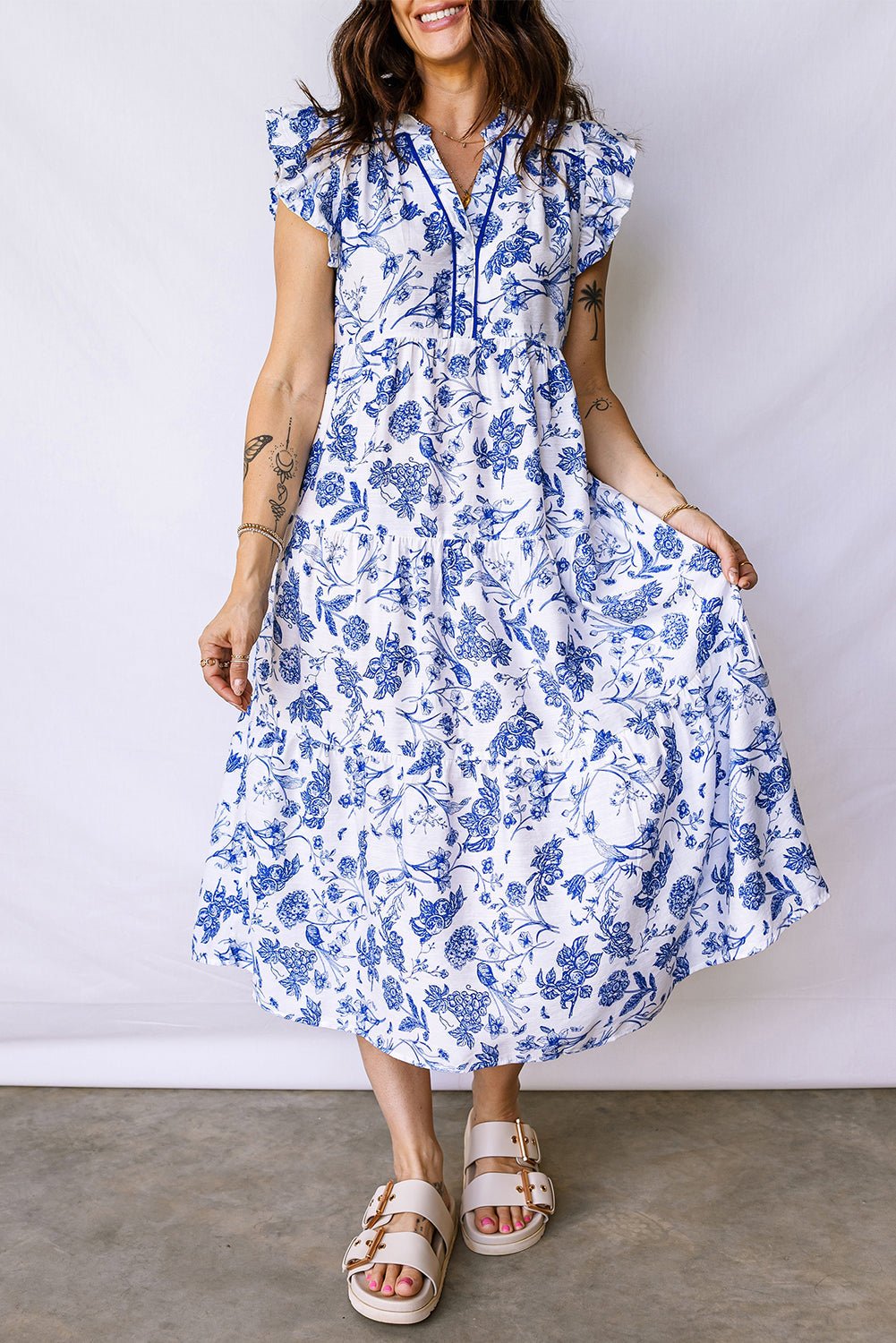 Floral Ruffle Tiered Midi Dress - Rooted & Reckless Co.