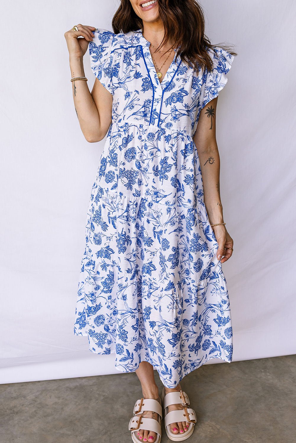 Floral Ruffle Tiered Midi Dress - Rooted & Reckless Co.