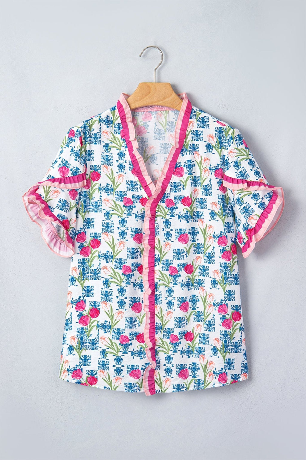 Floral Ruffle V-Neck Short Sleeve Tunic Shirt - Rooted & Reckless Co.