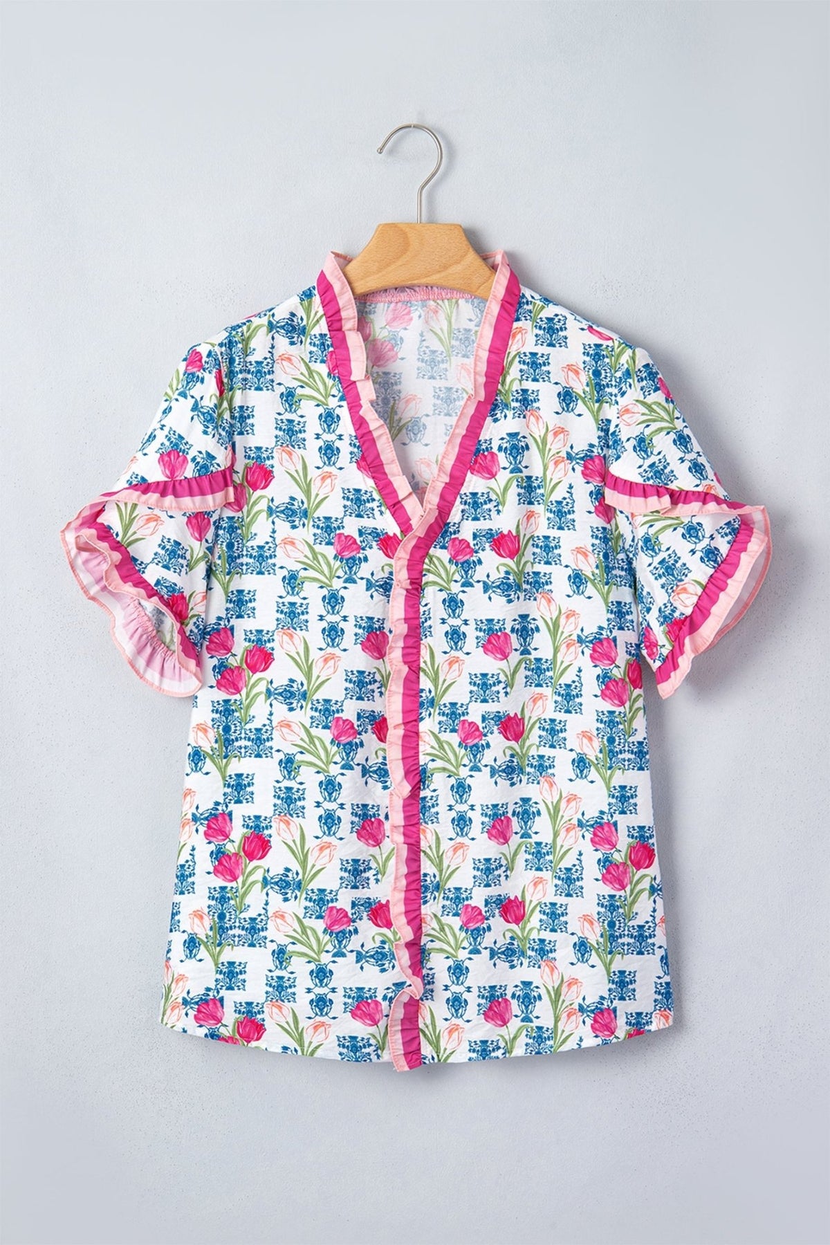 Floral Ruffle V-Neck Short Sleeve Tunic Shirt - Rooted & Reckless Co.