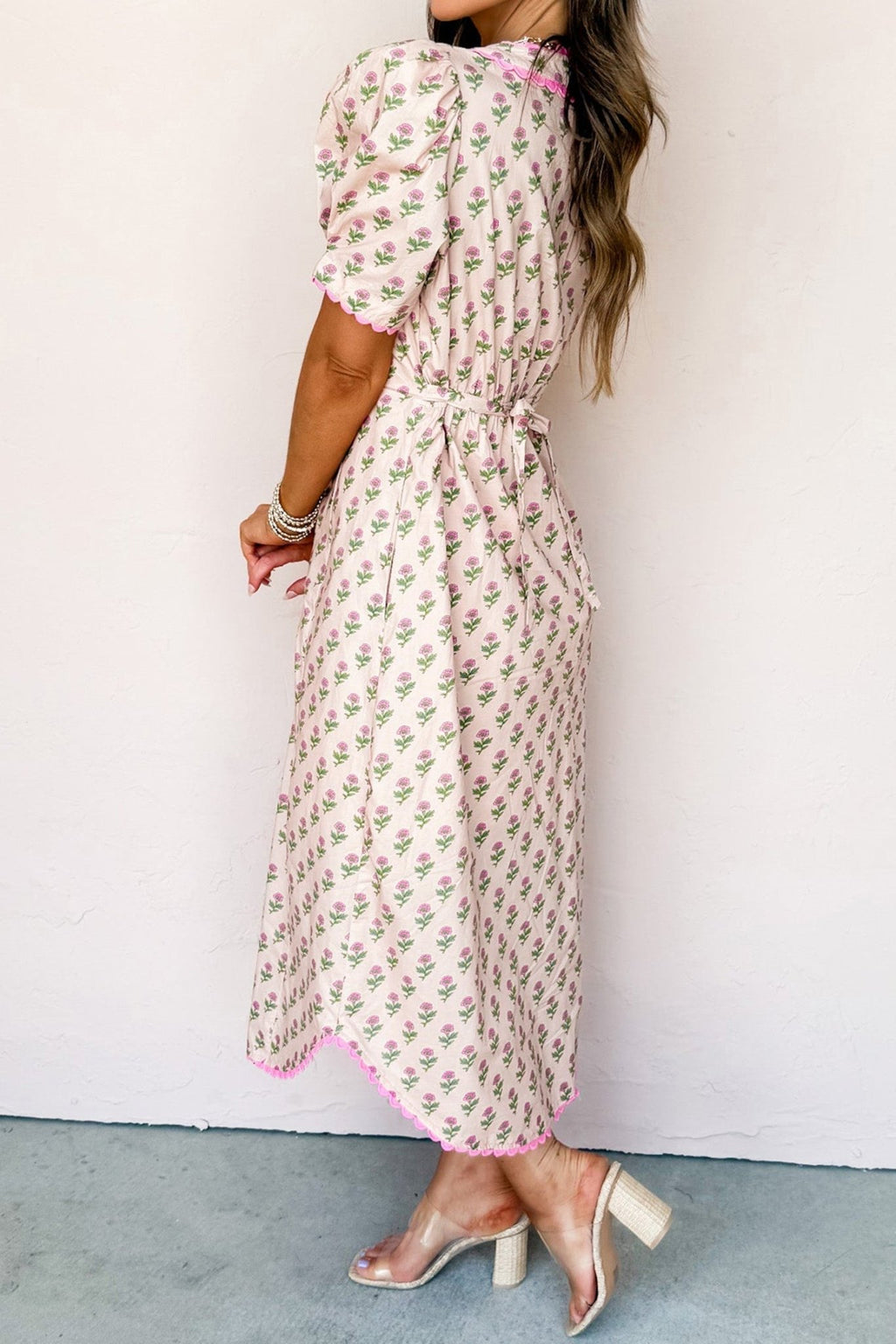 Floral Scallop Trim V-Neck Button Front Maxi Dress - Rooted & Reckless Co.