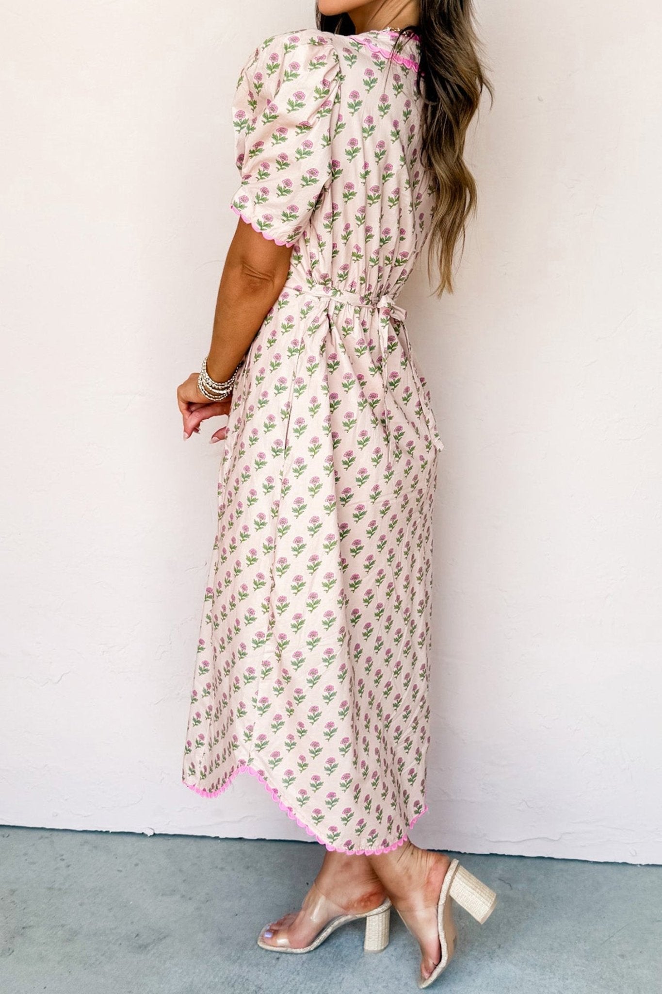 Floral Scallop Trim V-Neck Button Front Maxi Dress - Rooted & Reckless Co.