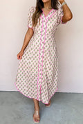 Floral Scallop Trim V-Neck Button Front Maxi Dress - Rooted & Reckless Co.