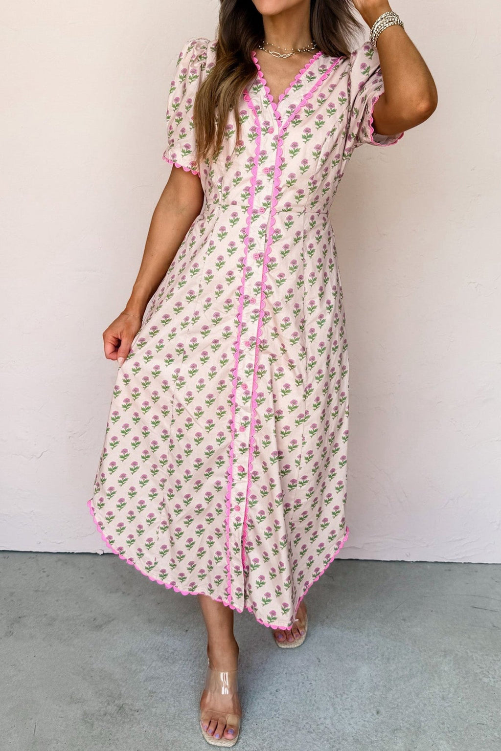 Floral Scallop Trim V-Neck Button Front Maxi Dress - Rooted & Reckless Co.