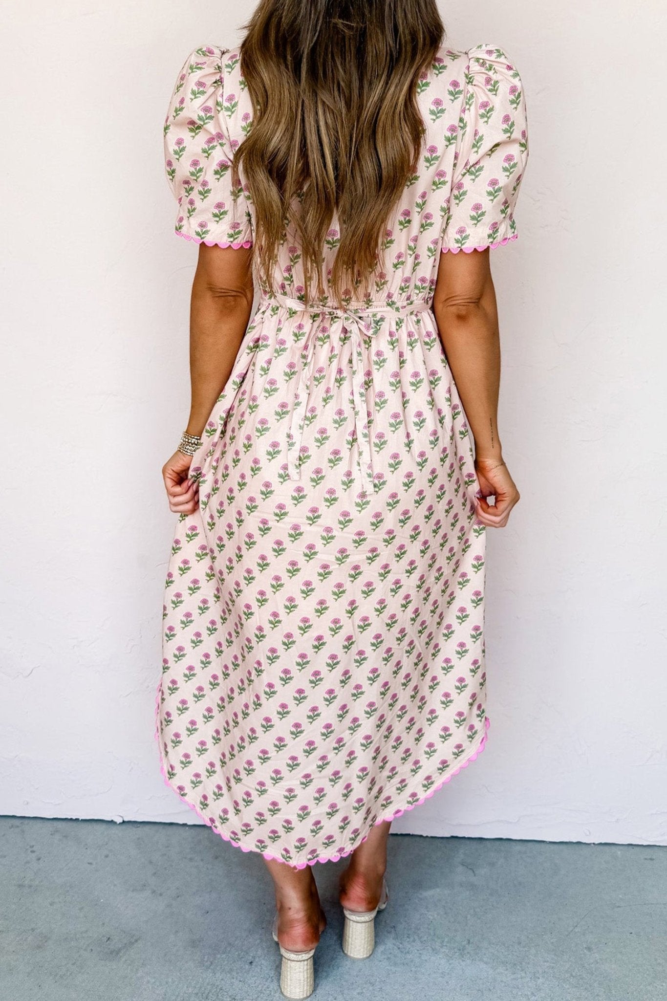 Floral Scallop Trim V-Neck Button Front Maxi Dress - Rooted & Reckless Co.