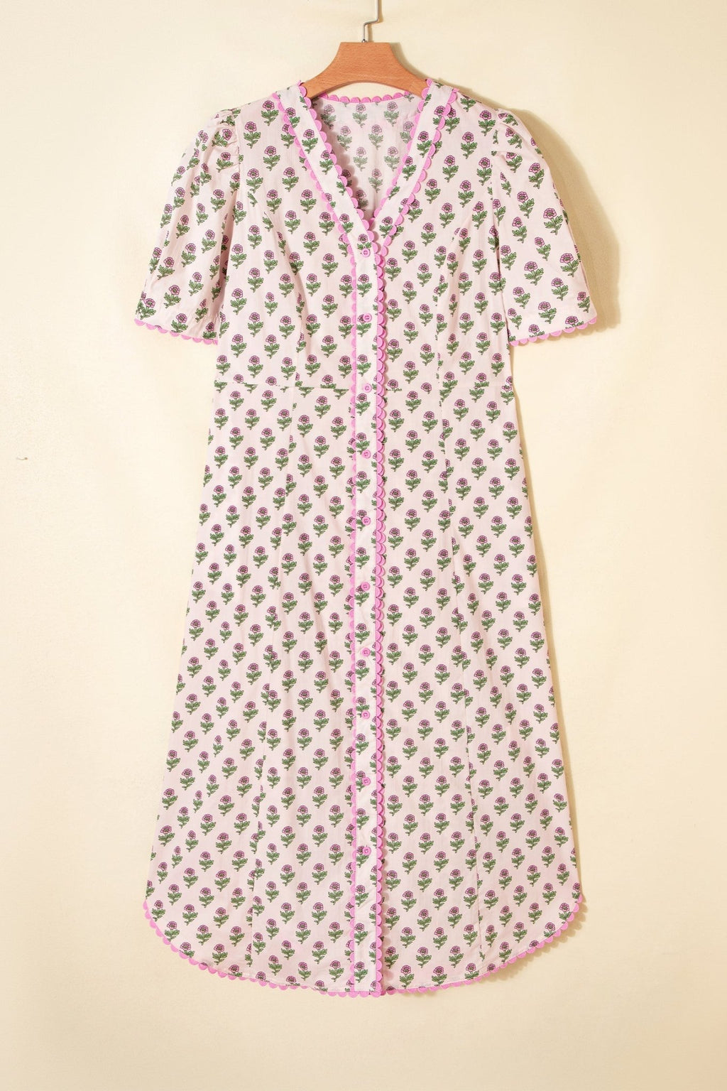 Floral Scallop Trim V-Neck Button Front Maxi Dress - Rooted & Reckless Co.