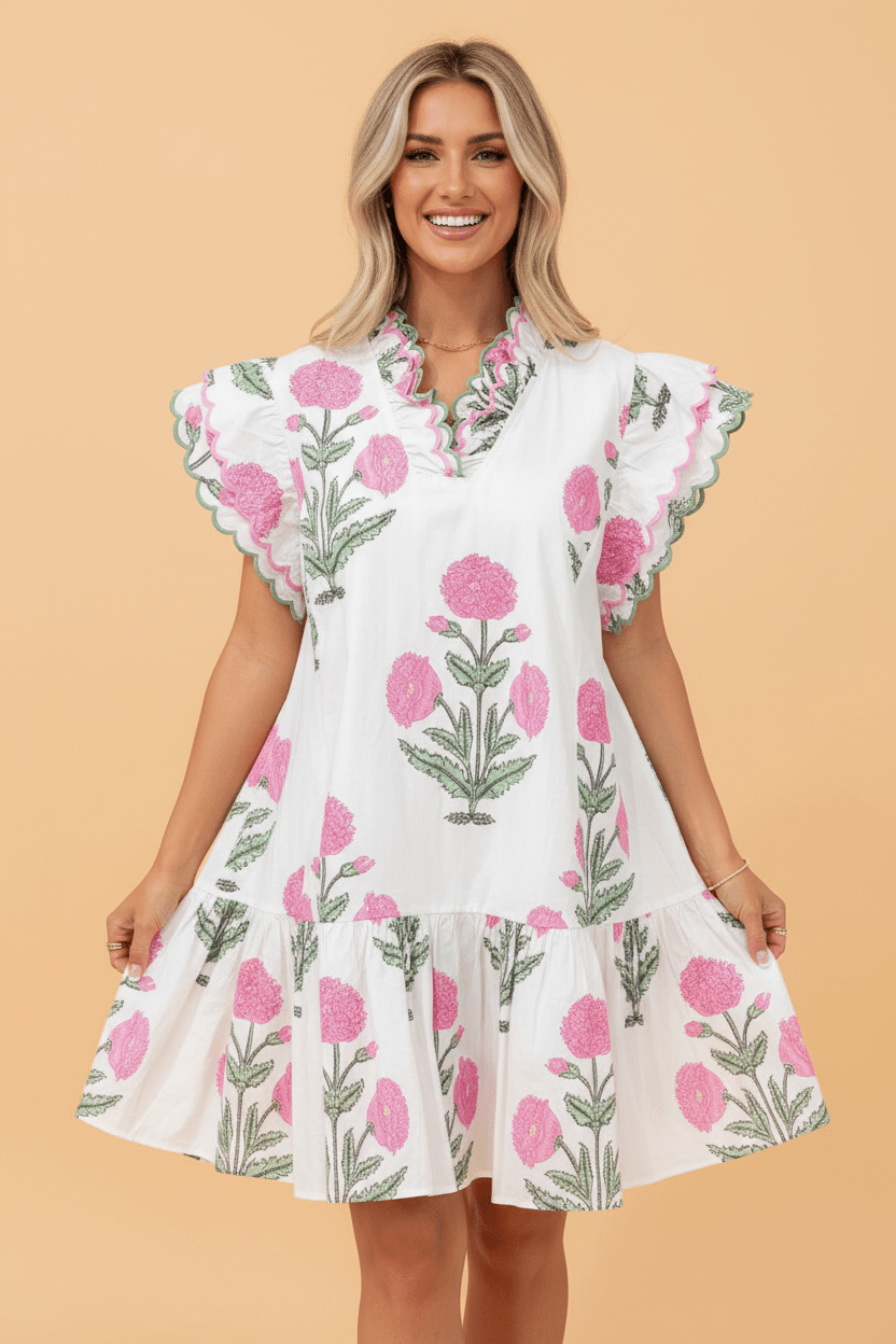 Floral Scalloped Embroidery V-Neck Mini Dress - Rooted & Reckless Co.
