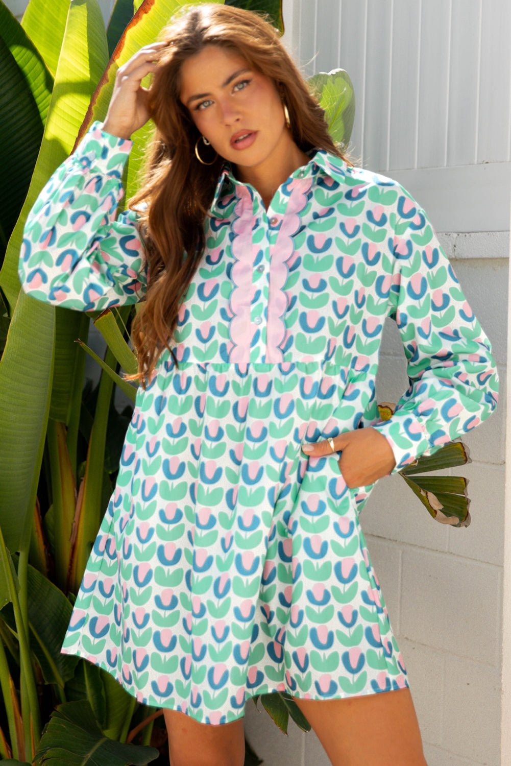 Floral Scalloped Notched Neck Mini Dress - Rooted & Reckless Co.
