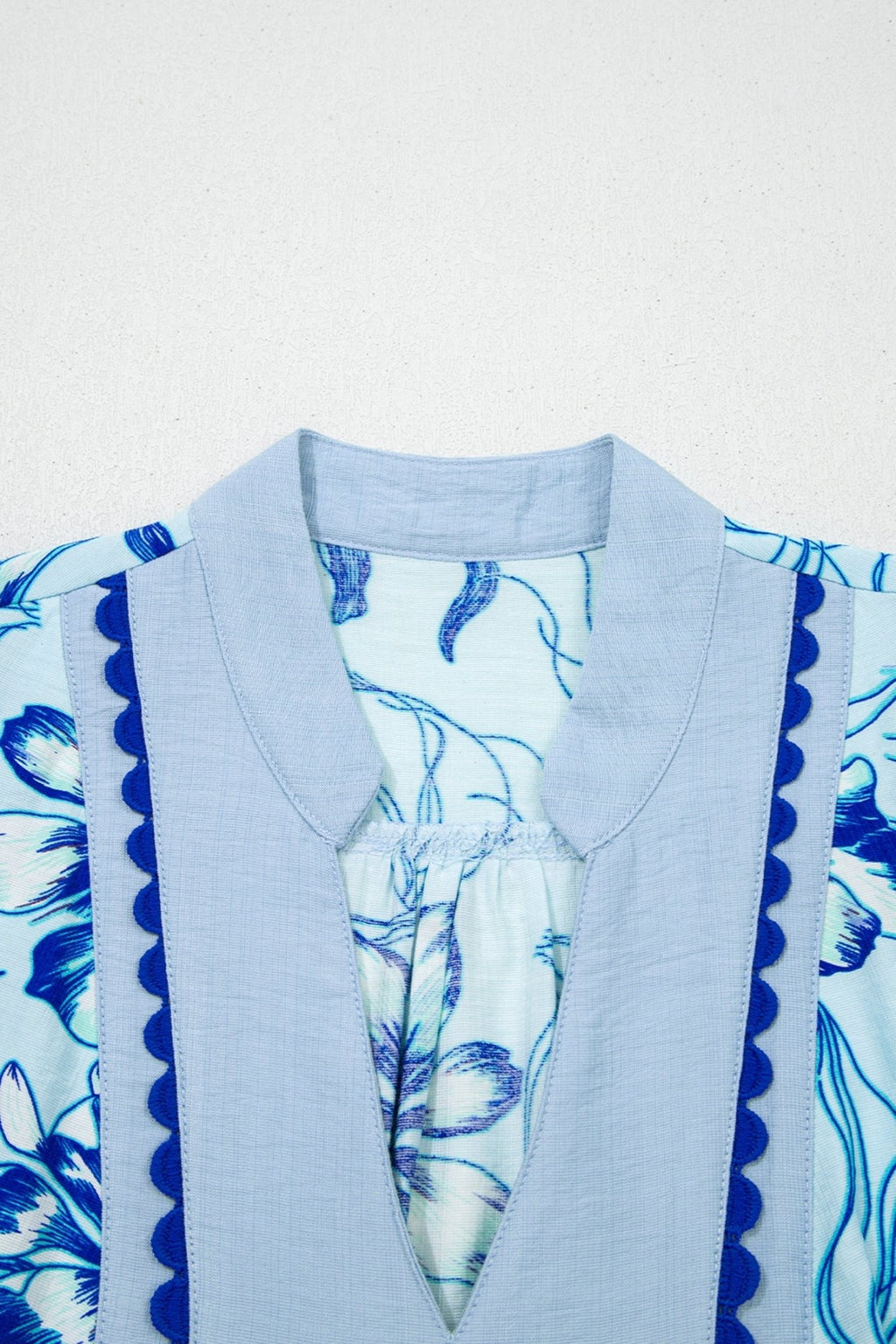 Floral Scalloped Ricrac Trim V-Neck Blouse - Rooted & Reckless Co.