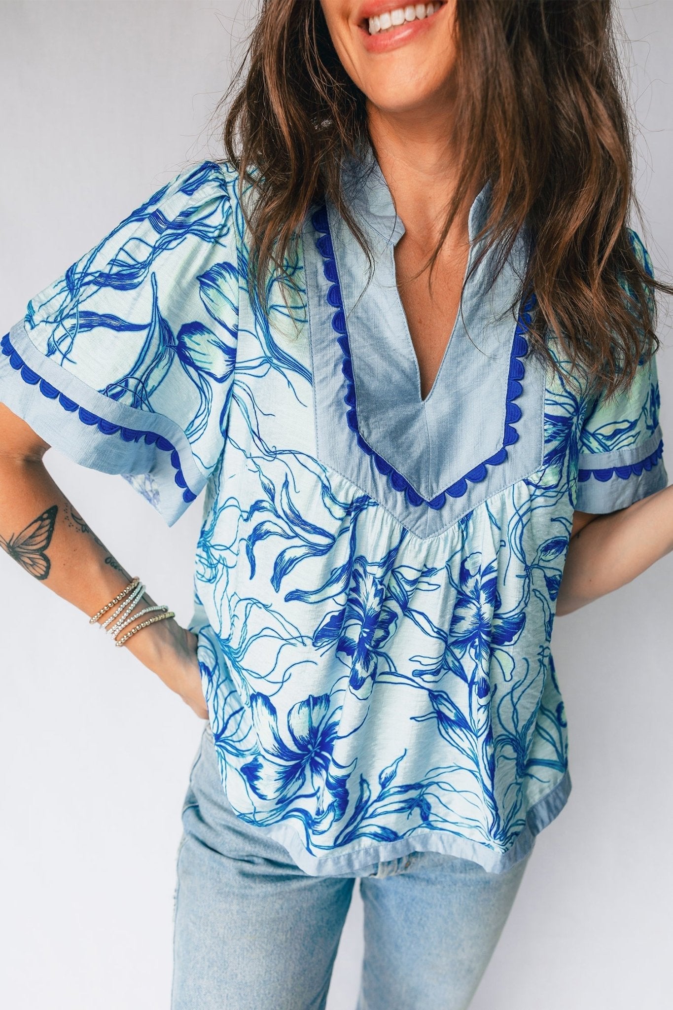 Floral Scalloped Ricrac Trim V-Neck Blouse - Rooted & Reckless Co.