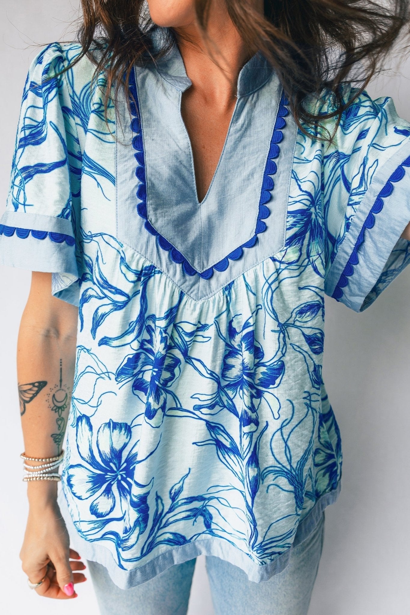 Floral Scalloped Ricrac Trim V-Neck Blouse - Rooted & Reckless Co.