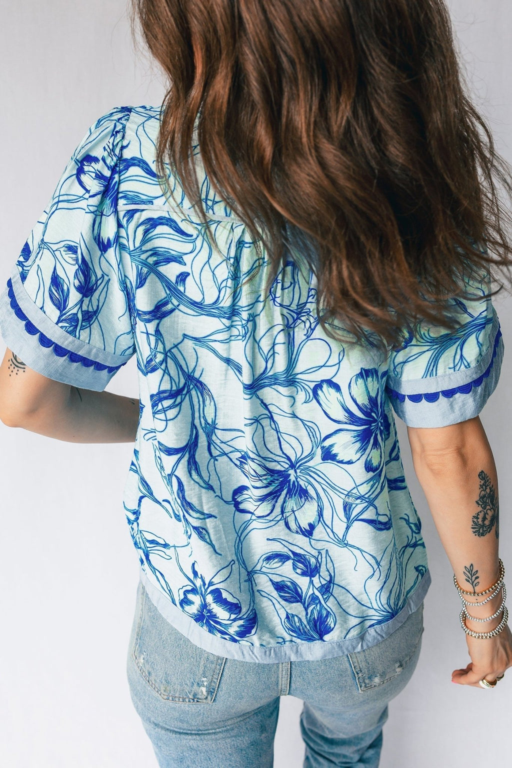 Floral Scalloped Ricrac Trim V-Neck Blouse - Rooted & Reckless Co.