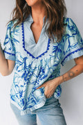 Floral Scalloped Ricrac Trim V-Neck Blouse - Rooted & Reckless Co.
