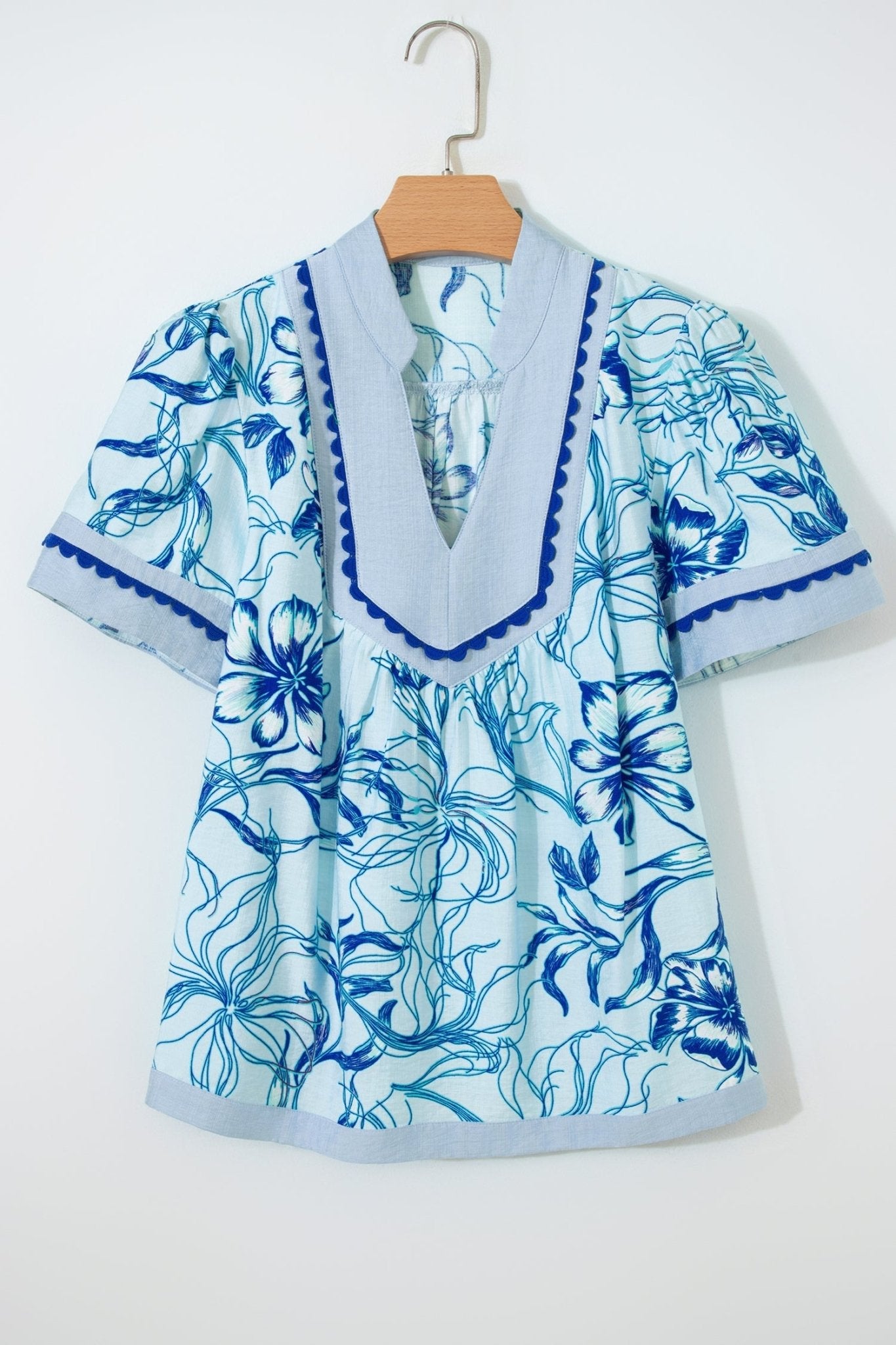 Floral Scalloped Ricrac Trim V-Neck Blouse - Rooted & Reckless Co.
