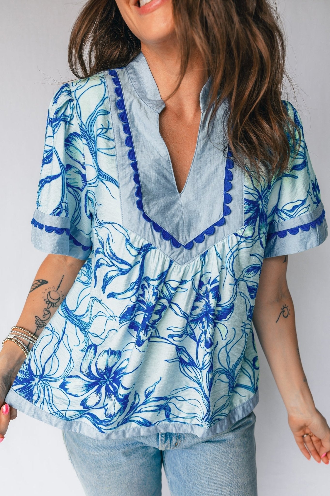 Floral Scalloped Ricrac Trim V-Neck Blouse - Rooted & Reckless Co.
