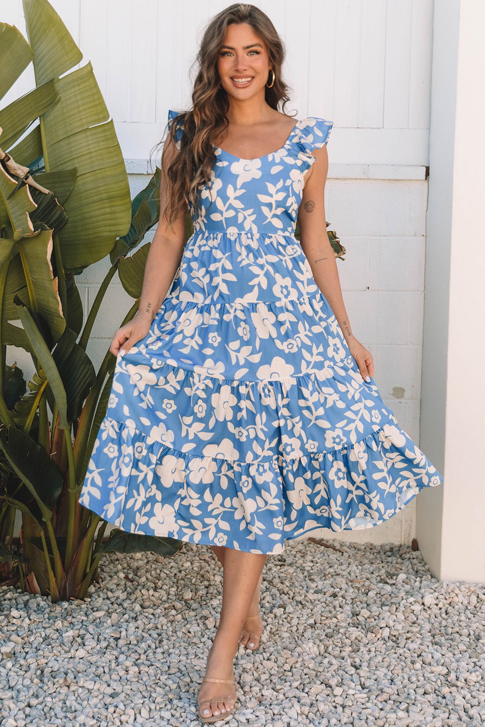 Floral Scoop Neck Tiered Flowy Midi Dress - Rooted & Reckless Co.