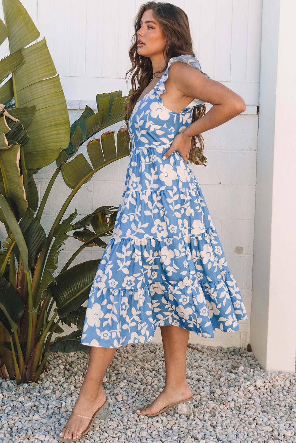 Floral Scoop Neck Tiered Flowy Midi Dress - Rooted & Reckless Co.