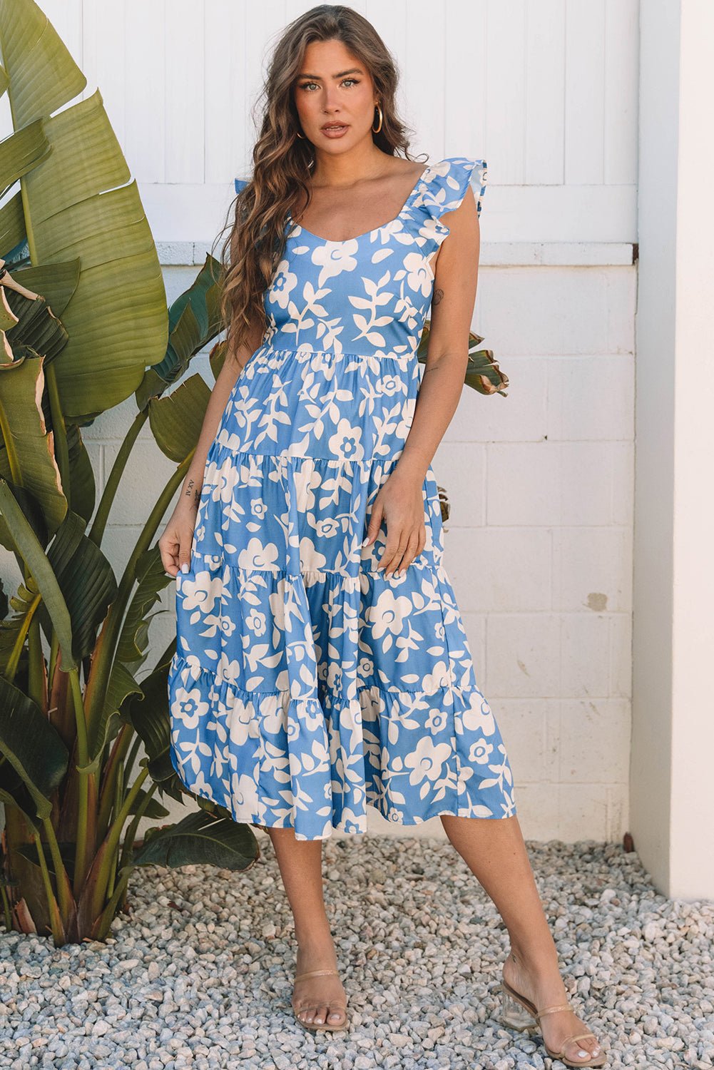 Floral Scoop Neck Tiered Flowy Midi Dress - Rooted & Reckless Co.