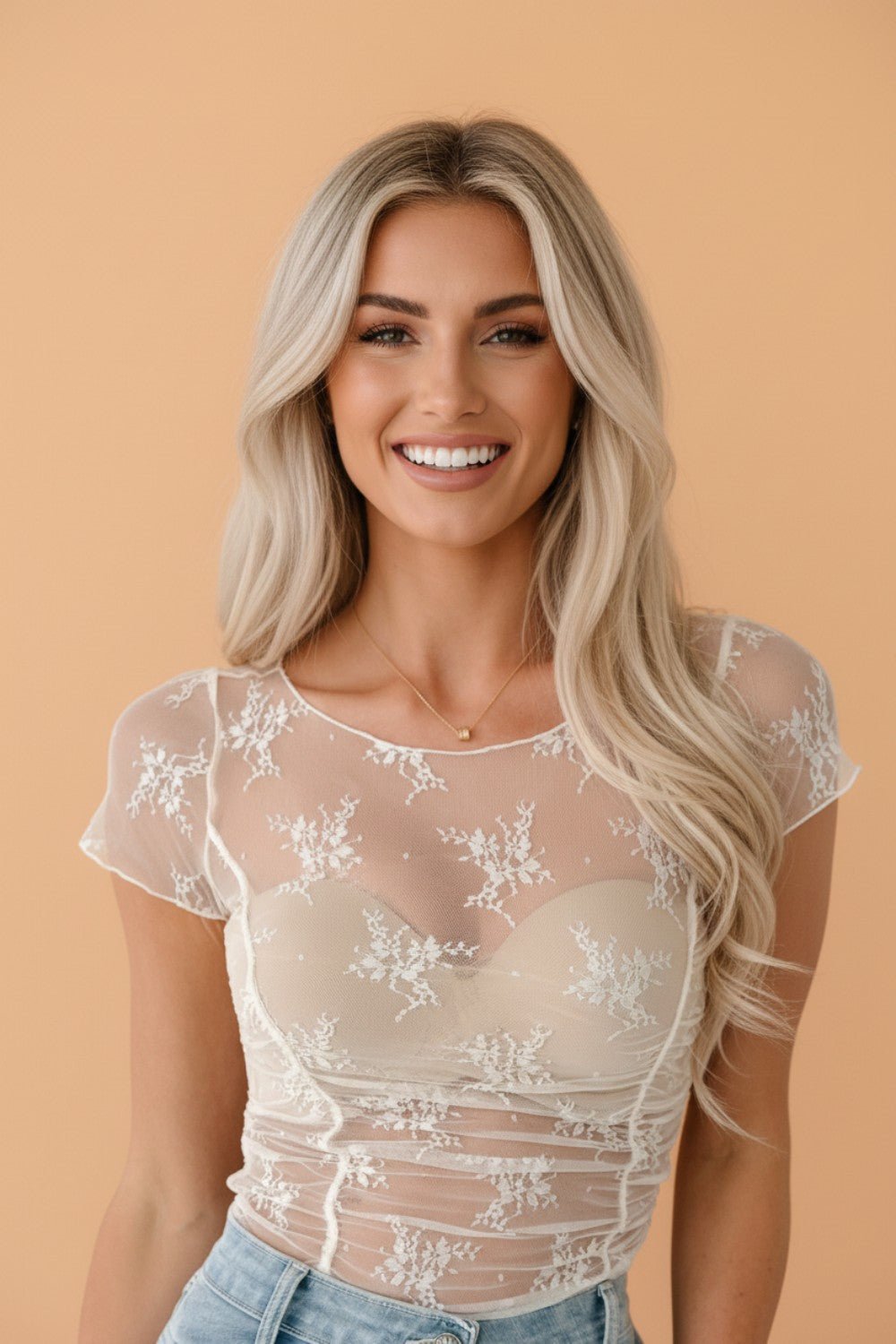 Floral Sheer Lace Mesh Exposed Seam Ruched Top - Rooted & Reckless Co.