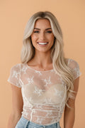 Floral Sheer Lace Mesh Exposed Seam Ruched Top - Rooted & Reckless Co.