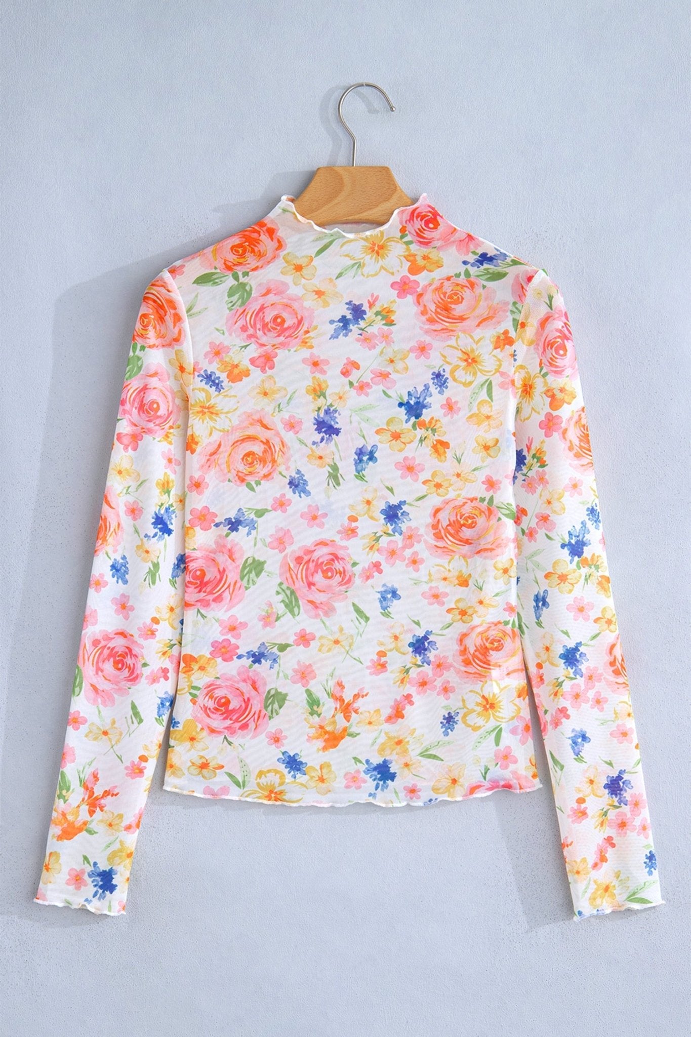 Floral Sheer Mesh Lettuce Trim Long Sleeve Top - Rooted & Reckless Co.