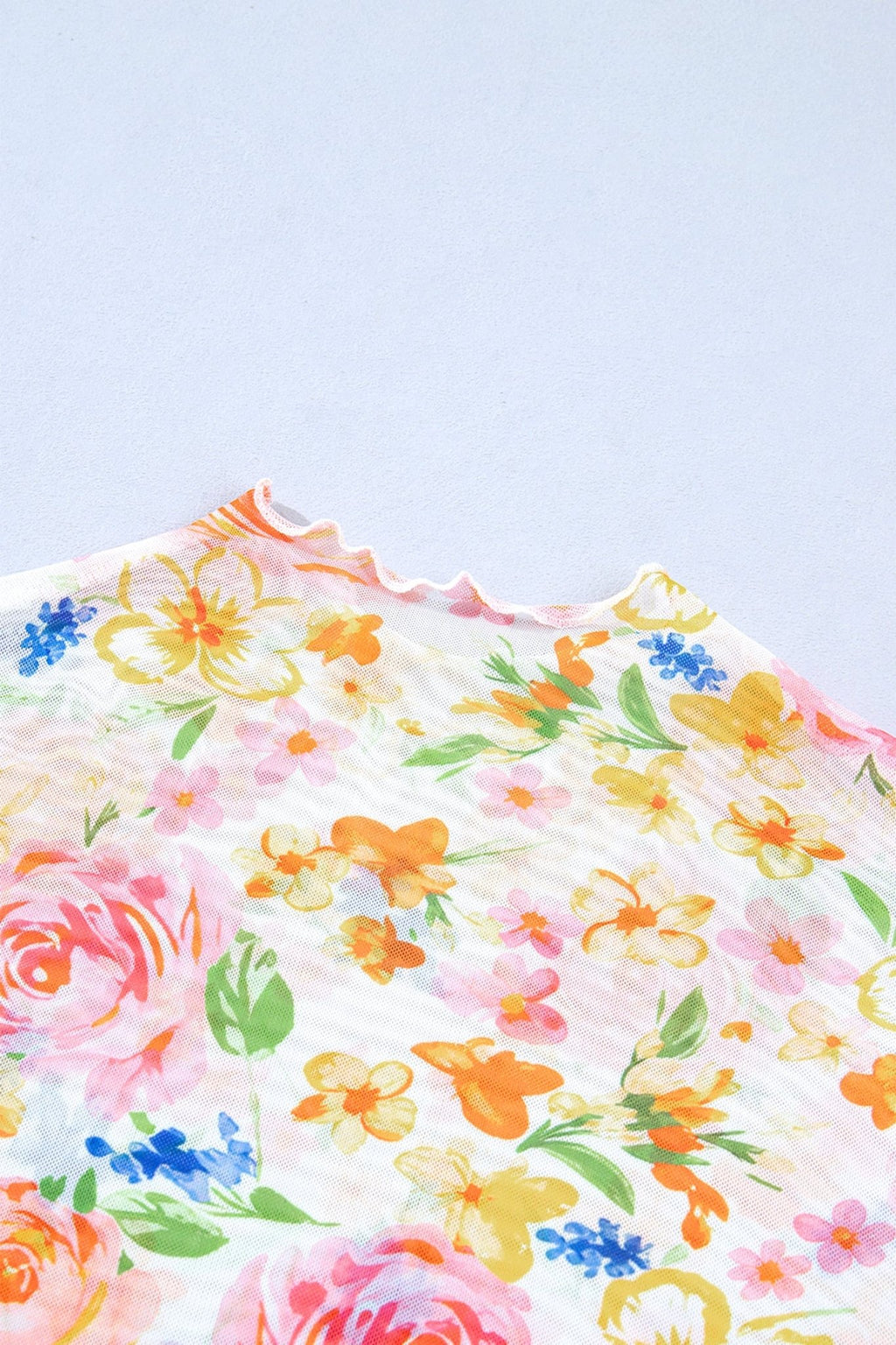 Floral Sheer Mesh Lettuce Trim Long Sleeve Top - Rooted & Reckless Co.
