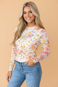 Floral Sheer Mesh Lettuce Trim Long Sleeve Top - Rooted & Reckless Co.