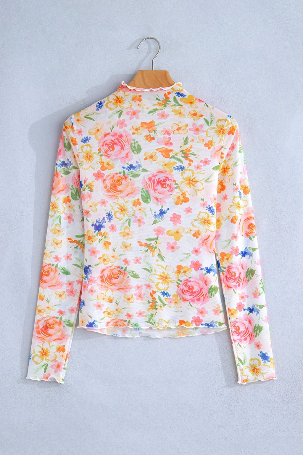 Floral Sheer Mesh Lettuce Trim Long Sleeve Top - Rooted & Reckless Co.