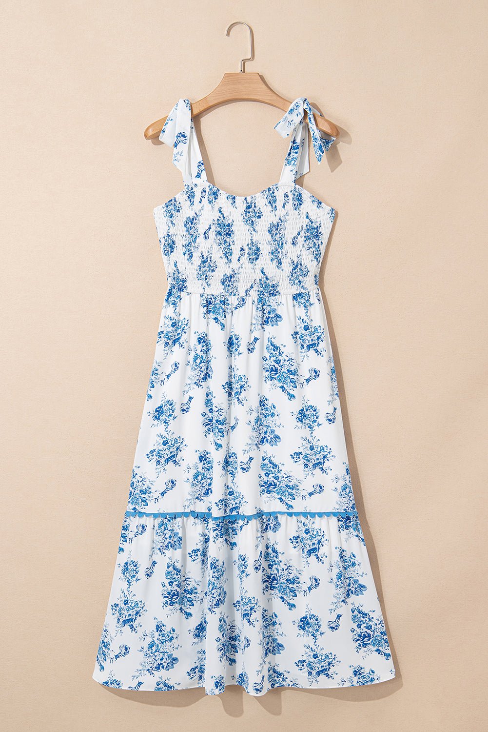 Floral Shirred Bodice Knot Shoulder Maxi Dress - Rooted & Reckless Co.