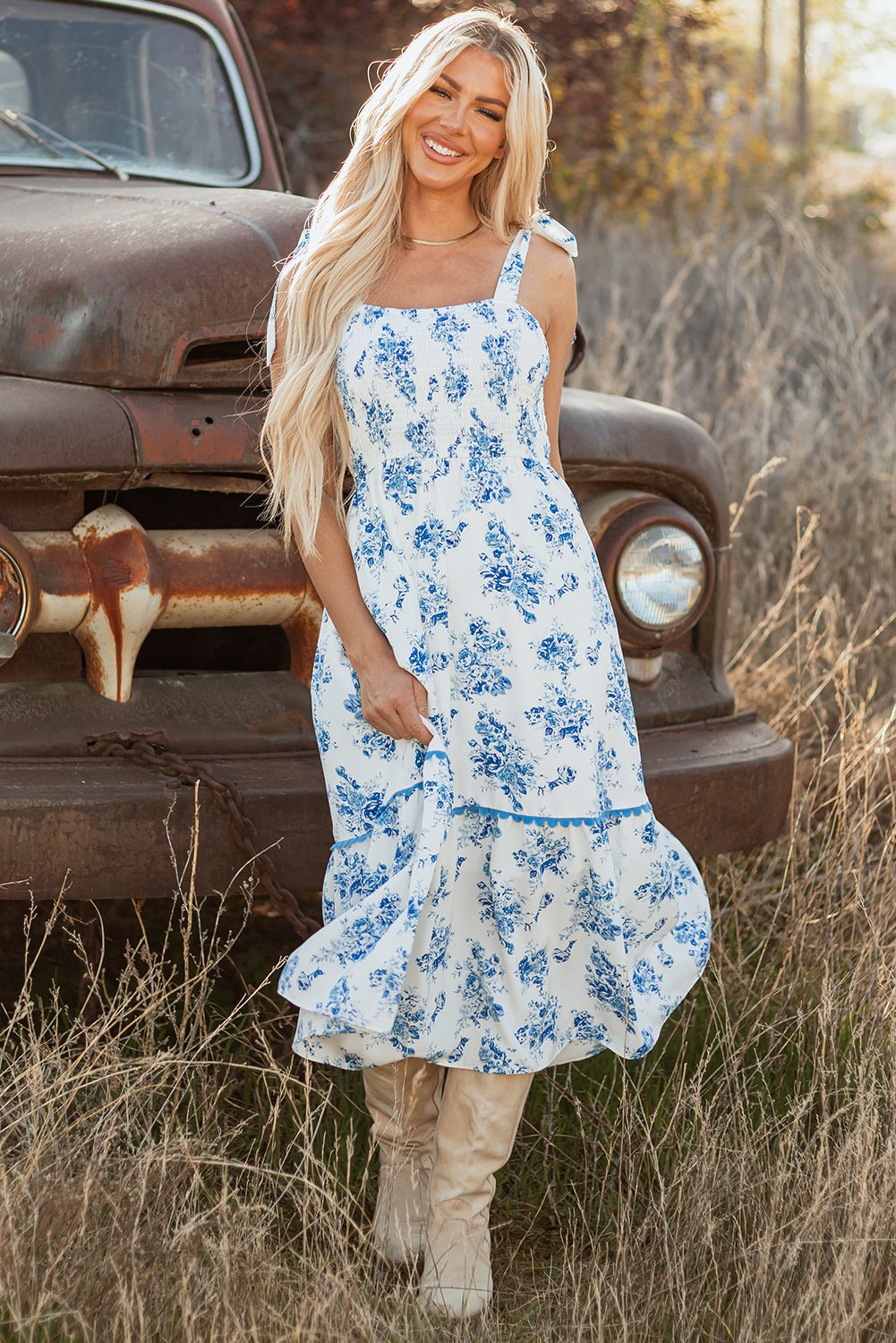 Floral Shirred Bodice Knot Shoulder Maxi Dress - Rooted & Reckless Co.