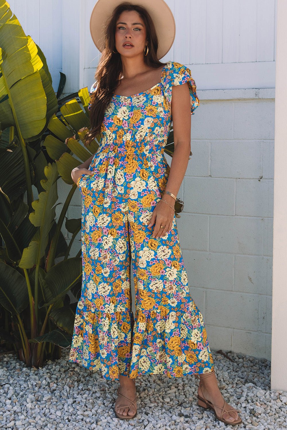 Floral Shirred High Waist Cut Out Jumpsuit - Rooted & Reckless Co.