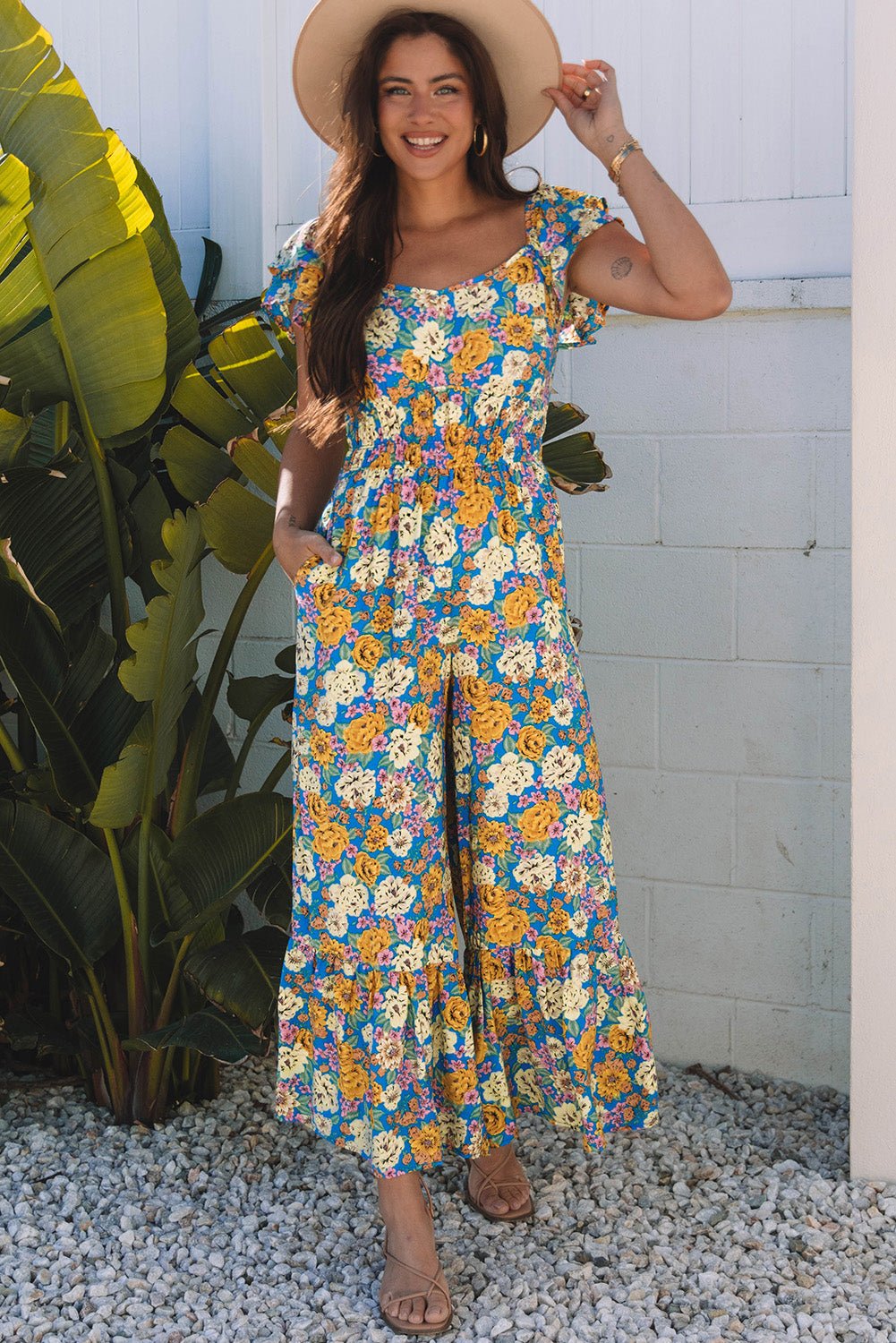 Floral Shirred High Waist Cut Out Jumpsuit - Rooted & Reckless Co.