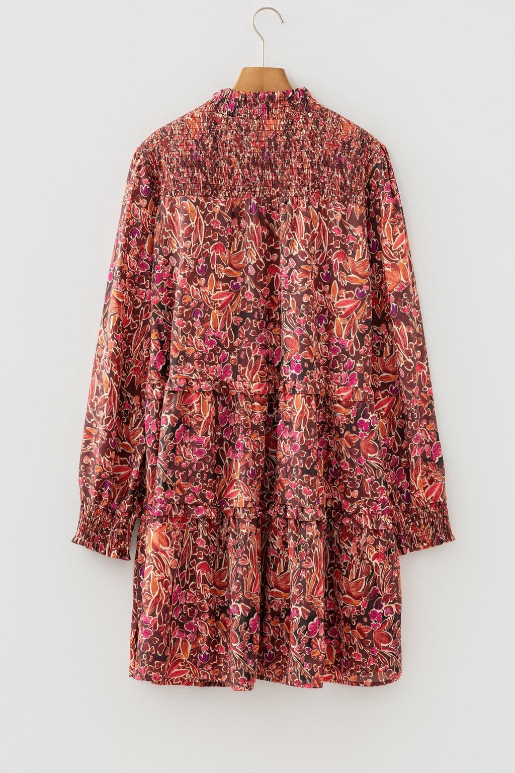 Floral Shirred Mock Neck Long Sleeve Mini Dress - Rooted & Reckless Co.