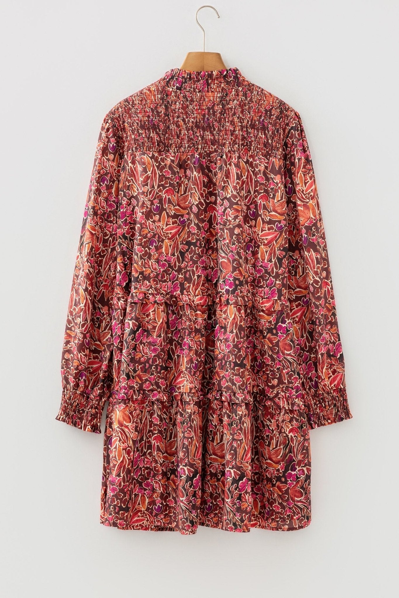 Floral Shirred Mock Neck Long Sleeve Mini Dress - Rooted & Reckless Co.