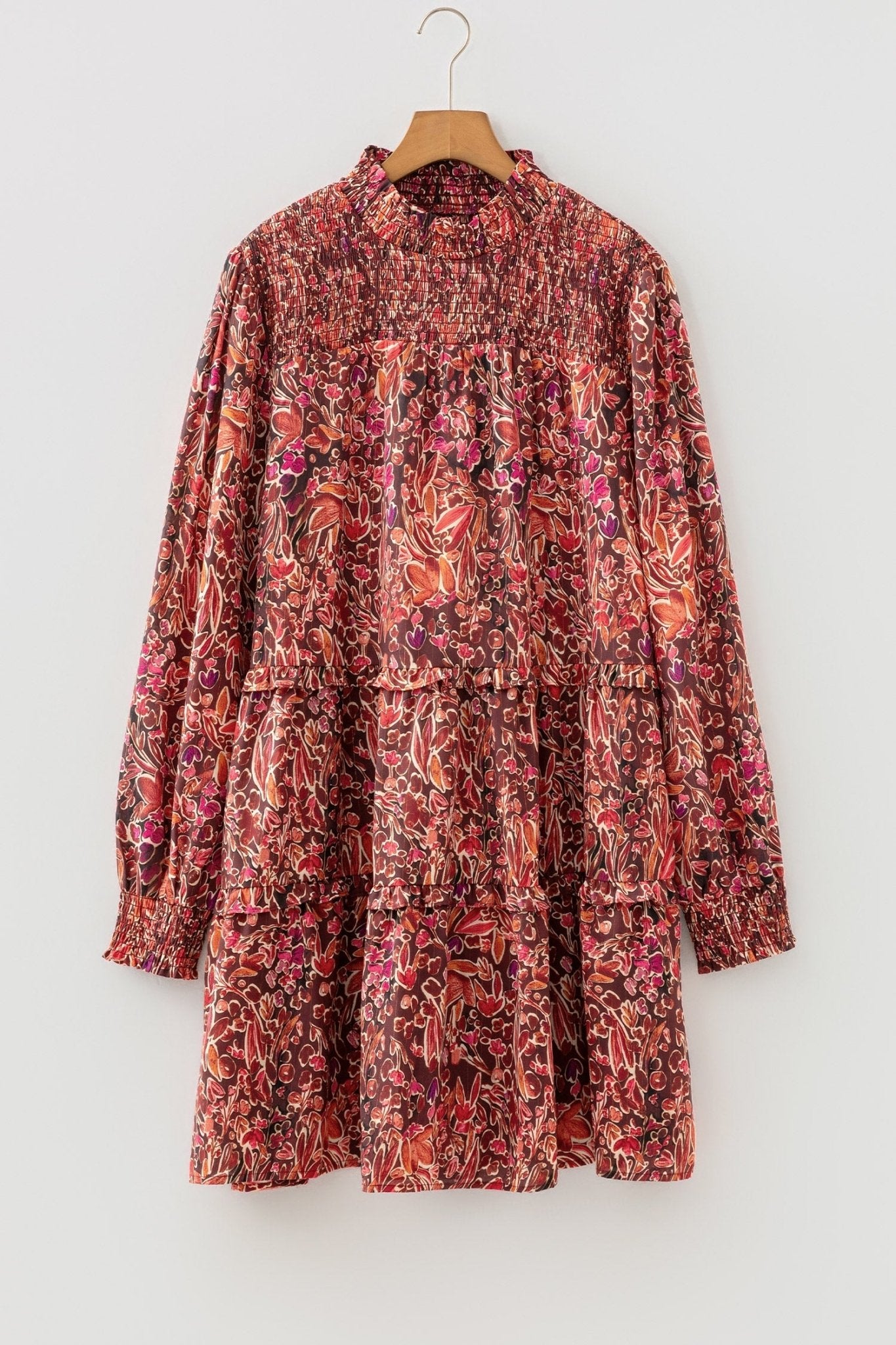 Floral Shirred Mock Neck Long Sleeve Mini Dress - Rooted & Reckless Co.
