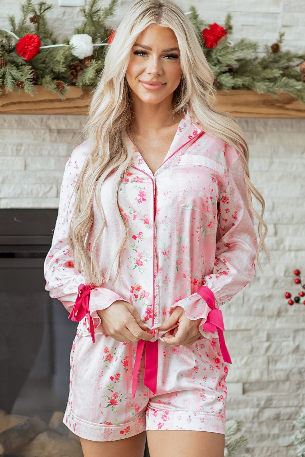 Floral Shirt Satin Tie and Shorts Pajama Set - Rooted & Reckless Co.