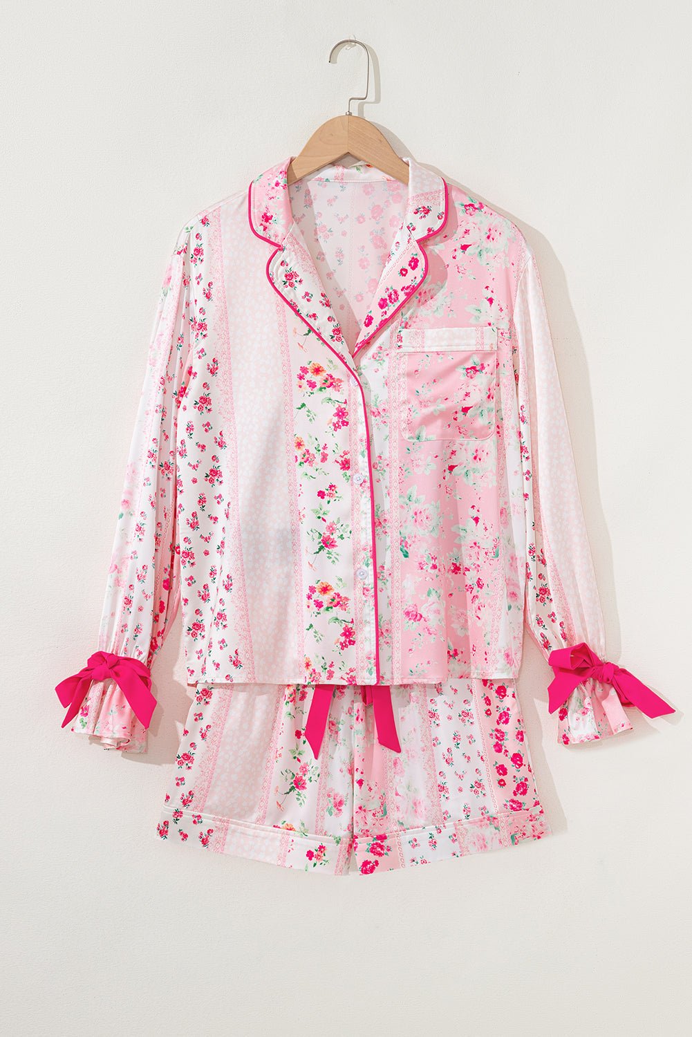 Floral Shirt Satin Tie and Shorts Pajama Set - Rooted & Reckless Co.