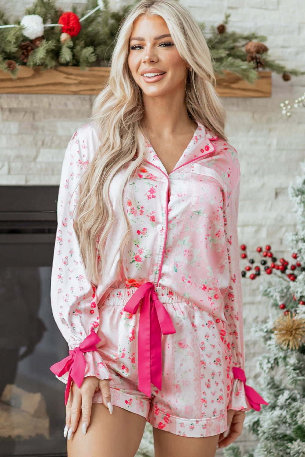 Floral Shirt Satin Tie and Shorts Pajama Set - Rooted & Reckless Co.